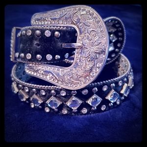 Black cowhide big bling belt